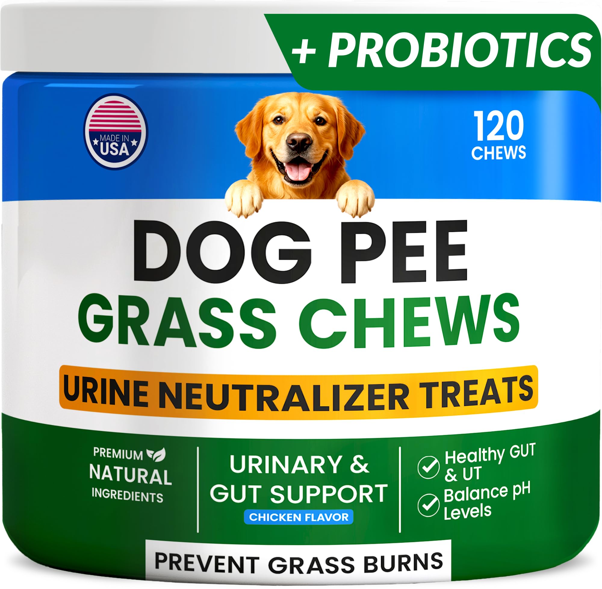 PAWFECTCHEW Green Grass Dog Chews bag highlights probiotic formula for lawn health.