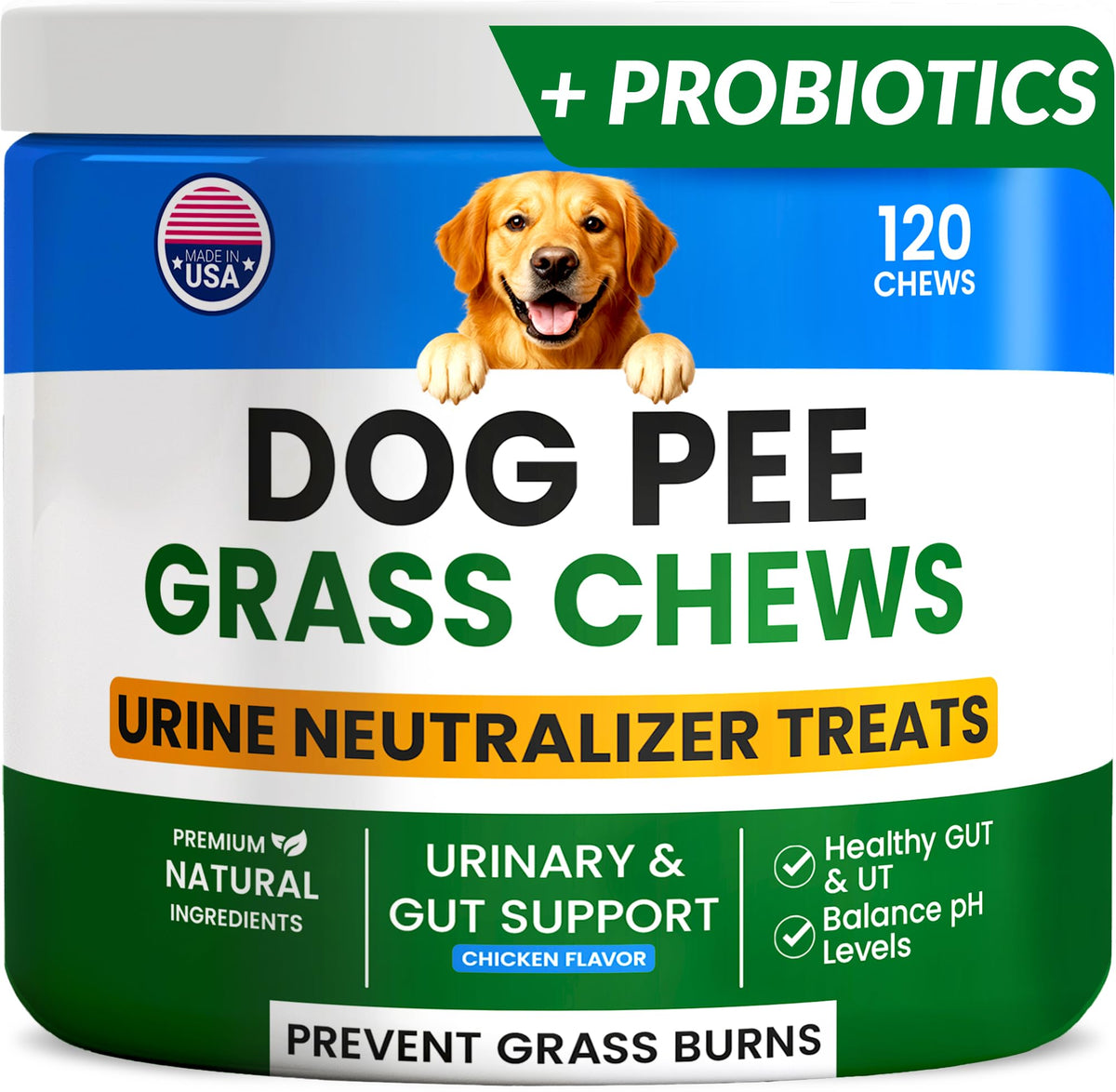 PAWFECTCHEW Green Grass Dog Chews bag highlights probiotic formula for lawn health.