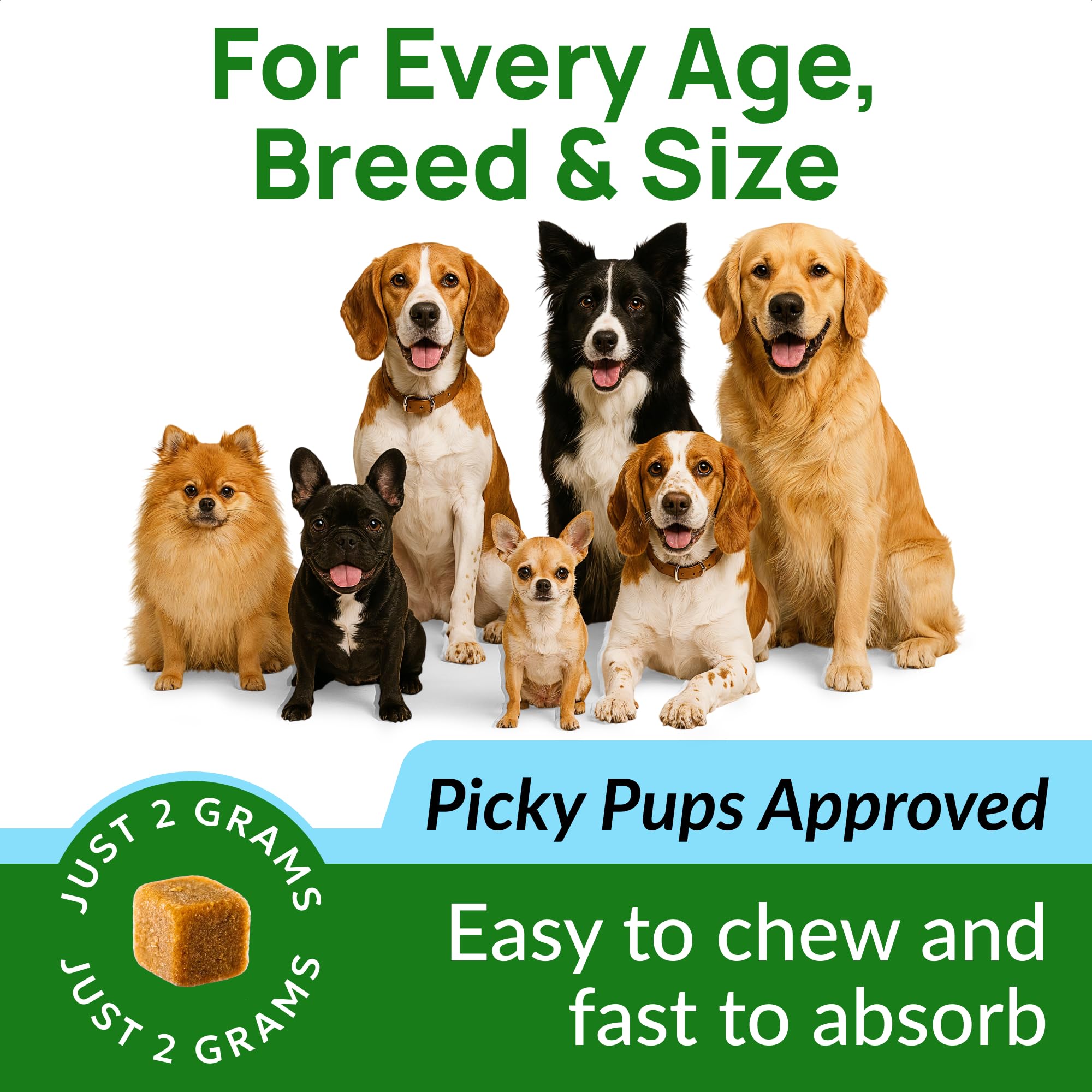 PAWFECTCHEW Green Grass Dog Chews packaging shows probiotic blend.