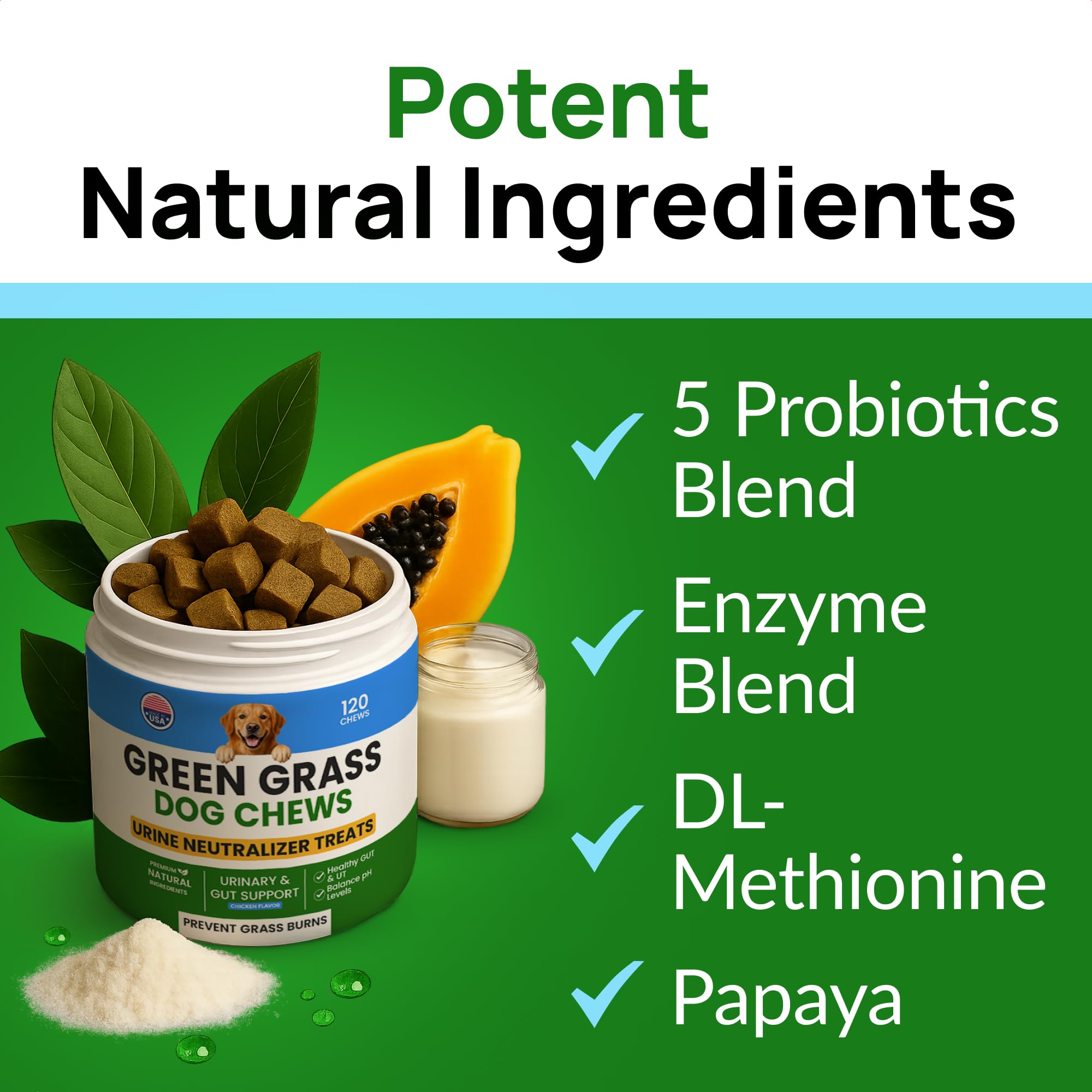 PAWFECTCHEW Green Grass Dog Chews ingredients card features DL-Methionine and enzymes.