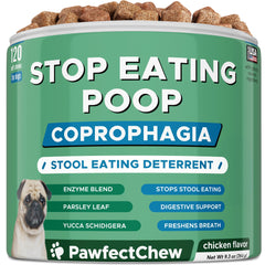 PAWFECTCHEW No Poo Chews bottle-front view shows a stool-eating deterrent for dogs.