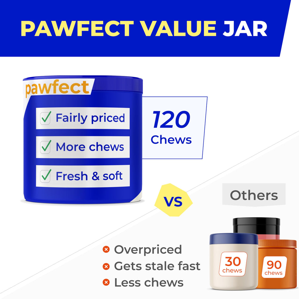 PAWFECTCHEW all-ages dog treats featuring puppies and seniors enjoying chews.
