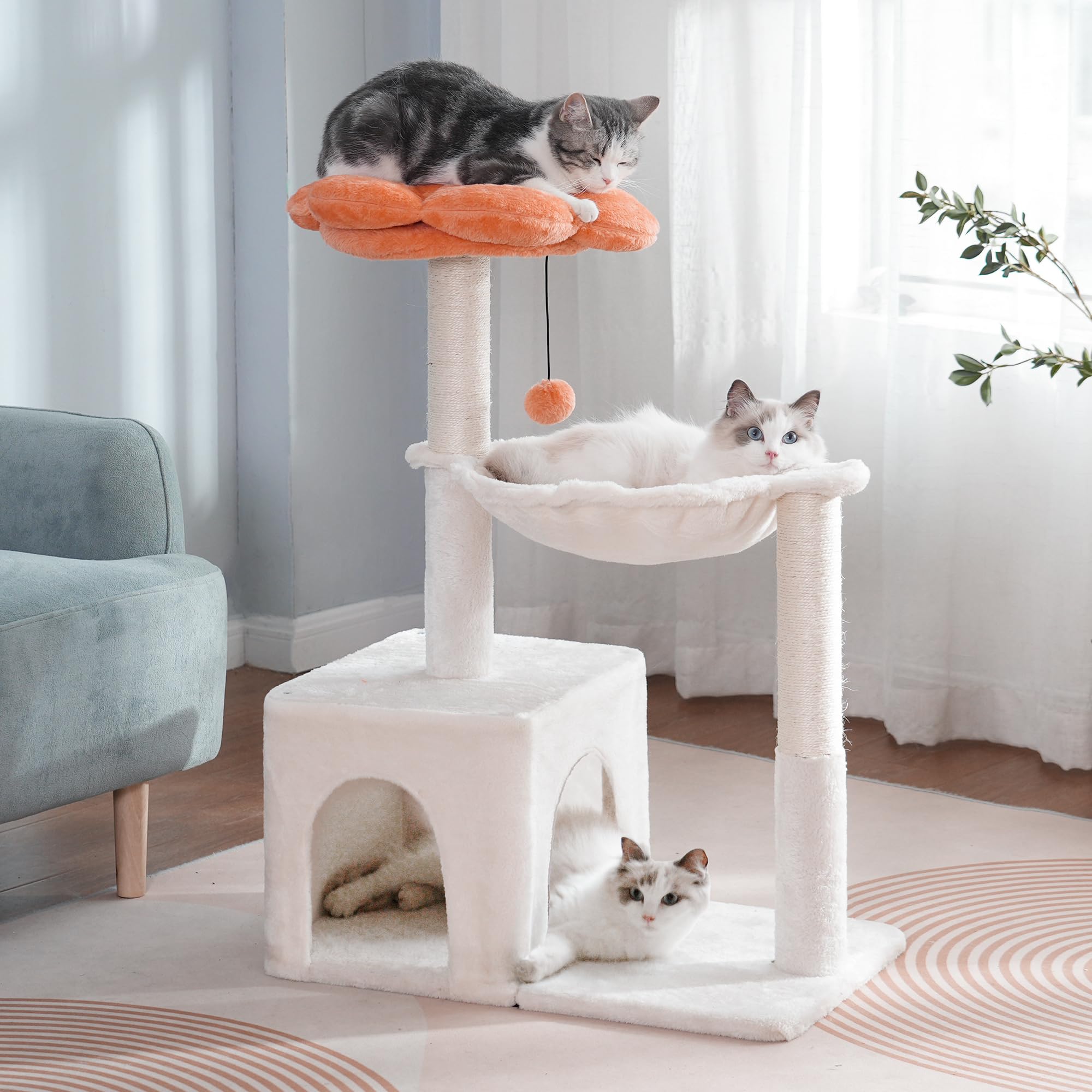Pawfessor Flower Cat Tree beige finish complements home decor and entertains cats.