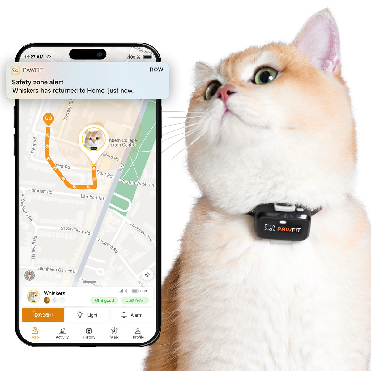 Pawfit Lite cat tracker in compact design offers ultra-light comfort for all-day wear and tracking.