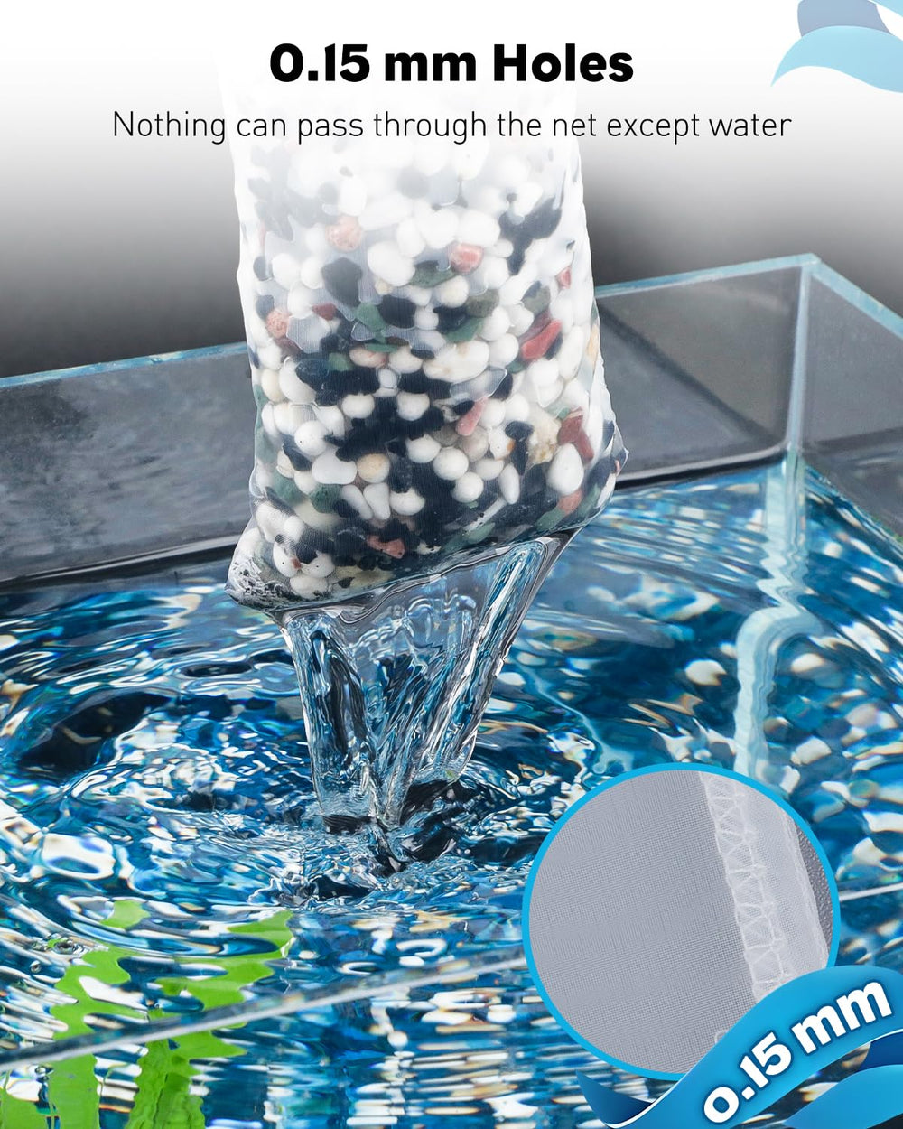 Pawfly 150-micron mesh detail highlights fine filtration capability.