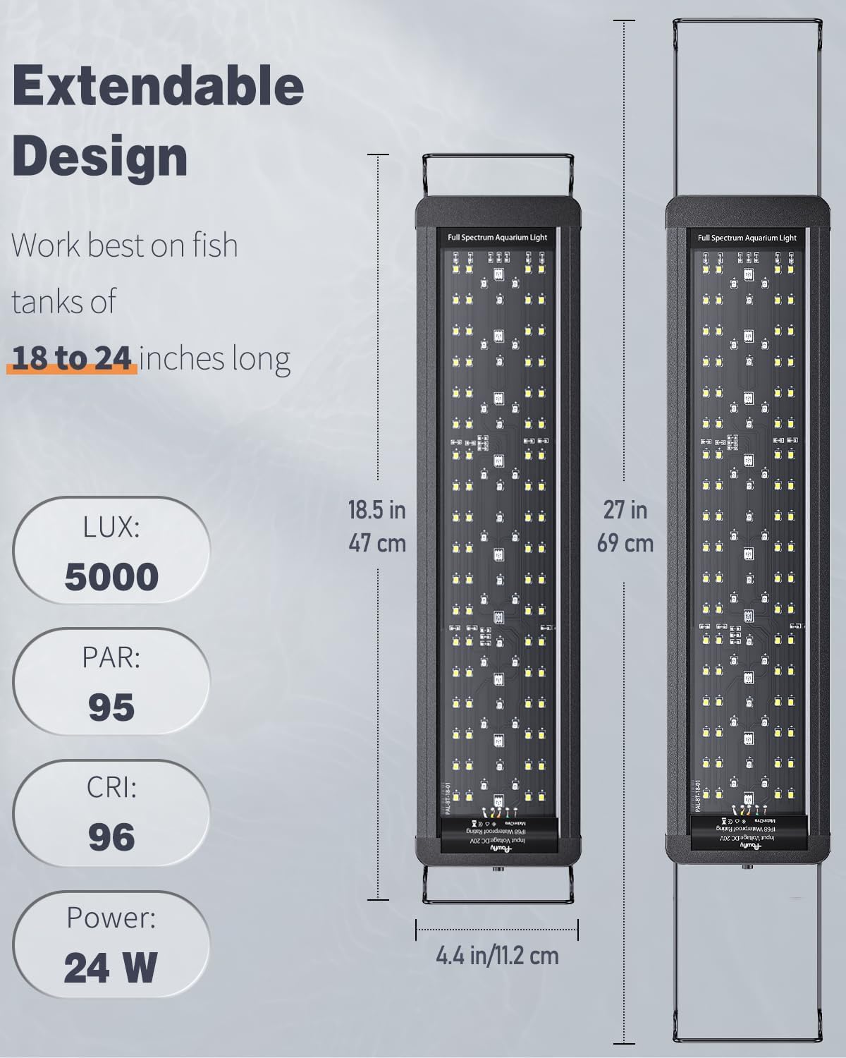 Pawfly 20W full-spectrum LED showing vibrant color rendering for fish and decorations.