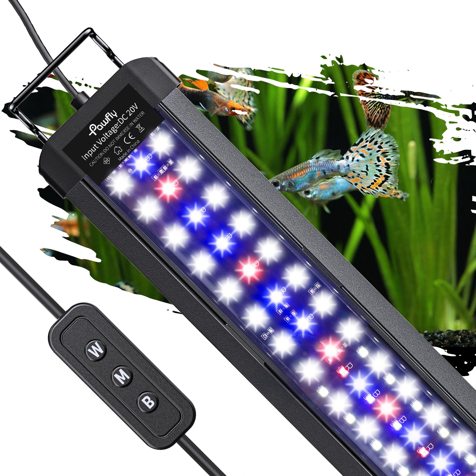 Pawfly 33W LED light with extendable bracket shows adjustable fit for 48-54 inch tanks.