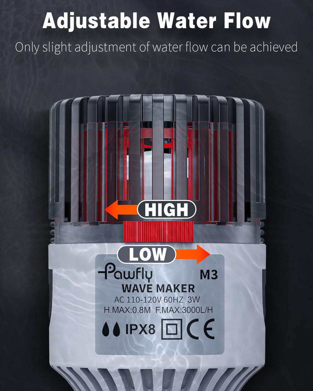 Pawfly 3W wave maker side view with rotatable base for multi-directional wave circulation