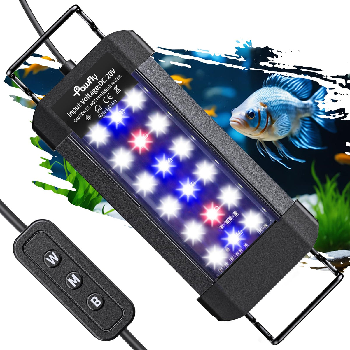 Pawfly 6 W aquarium light with full spectrum LEDs for vibrant fish colors.