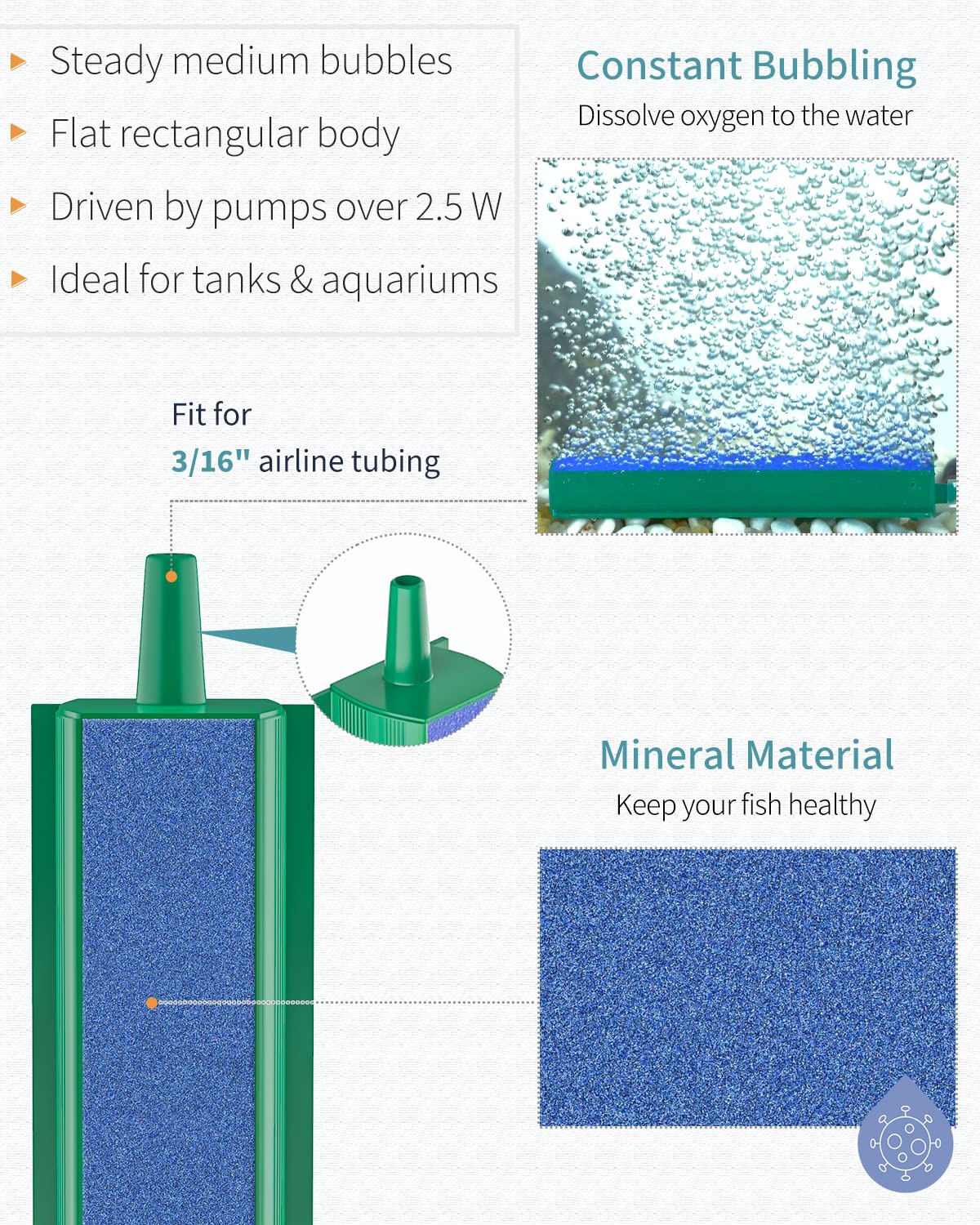 Pawfly air stone bar 4inch tank-use closeup shows dense bubble wall for oxygen solubility