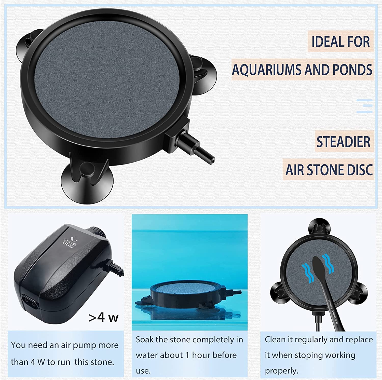 Pawfly air-stone disc with three suction cups holds position securely.
