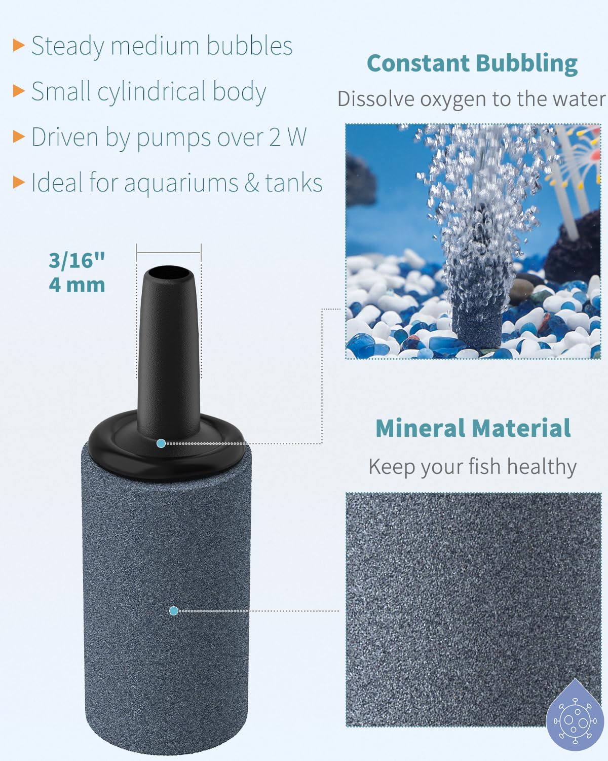 Pawfly mineral-sintered air stone ensures durable performance in freshwater tanks.