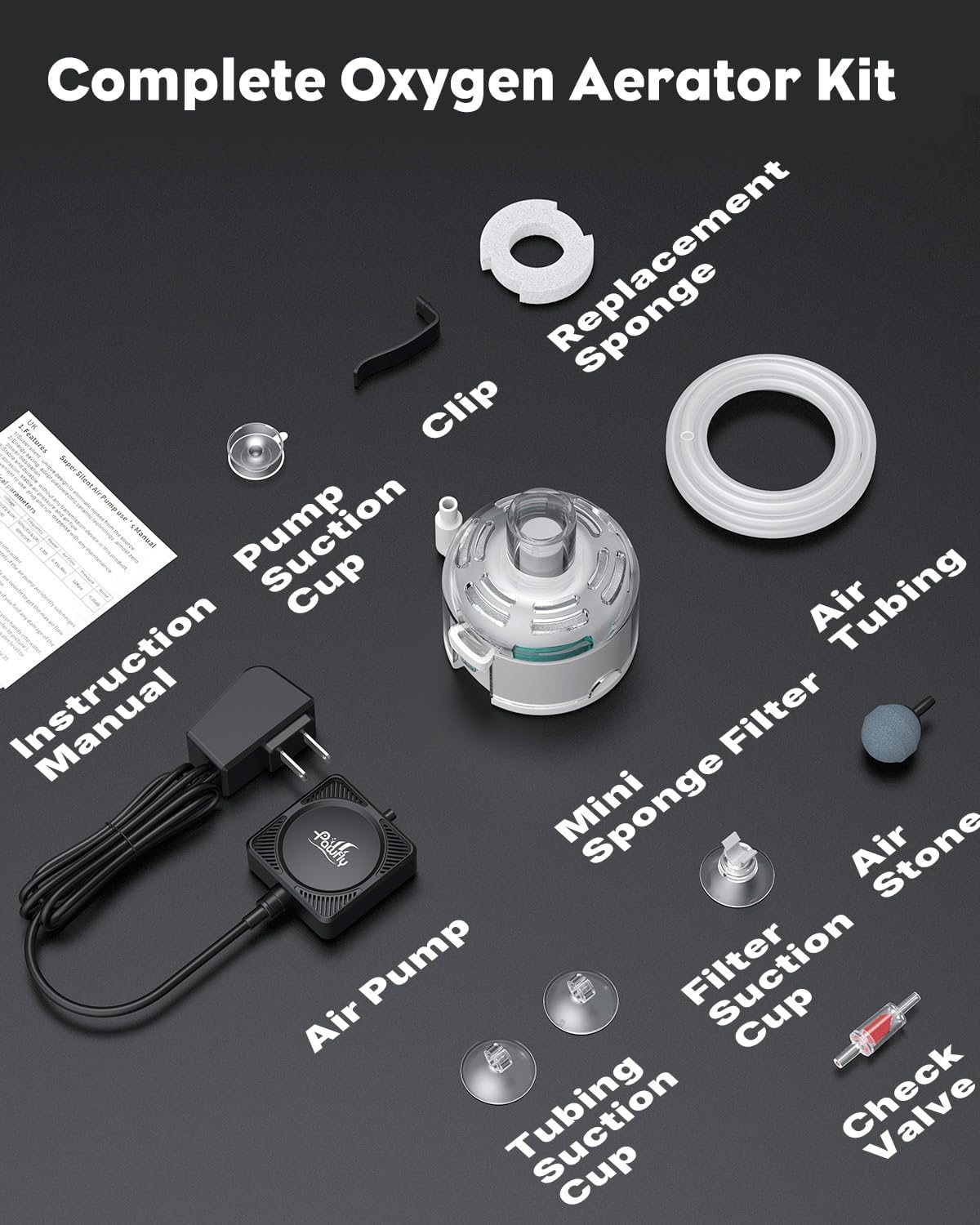 Pawfly accessory kit includes stone, tubing and suction cups.