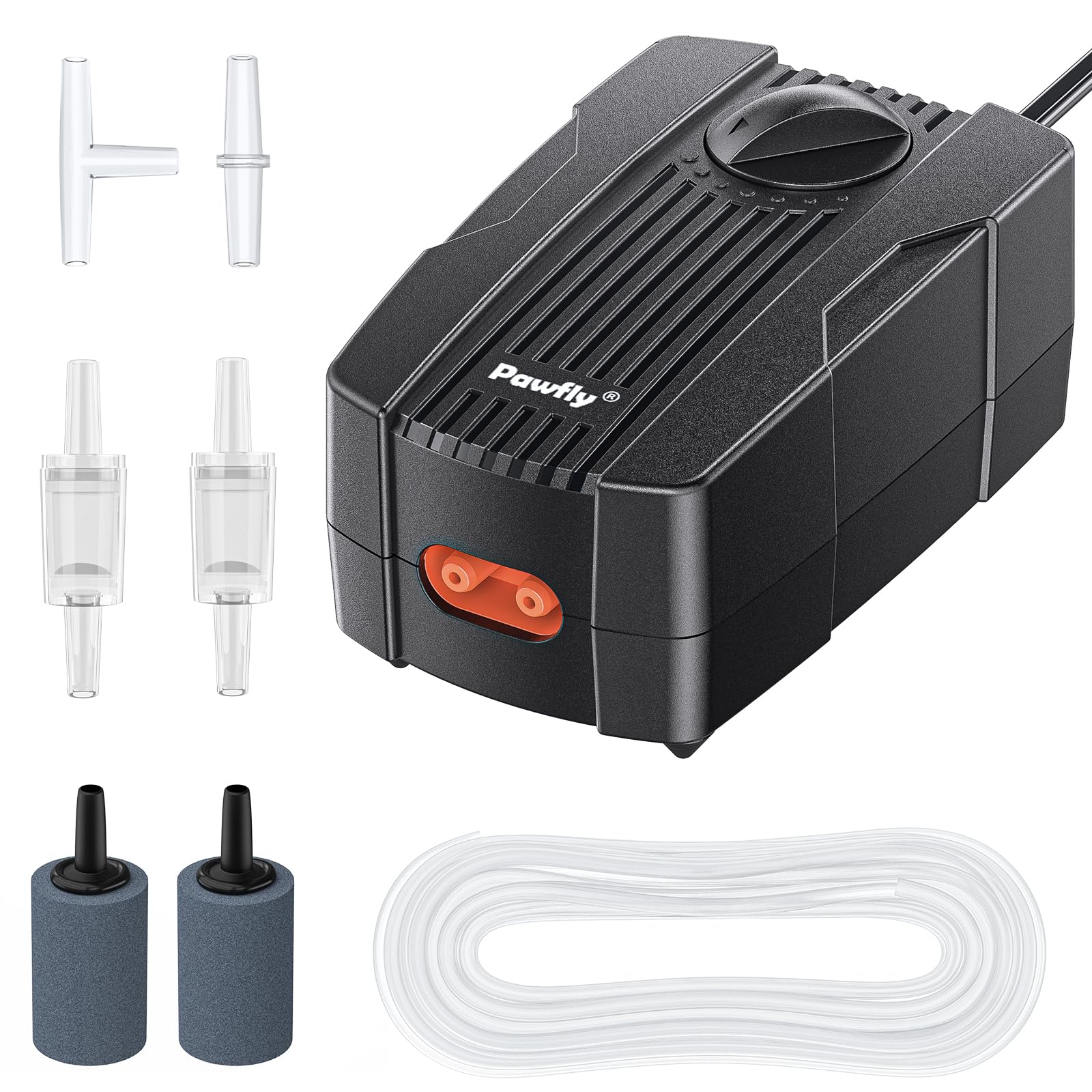 Pawfly aquarium air pump front view shows compact design for steady aeration in 10–60 gallon tanks.