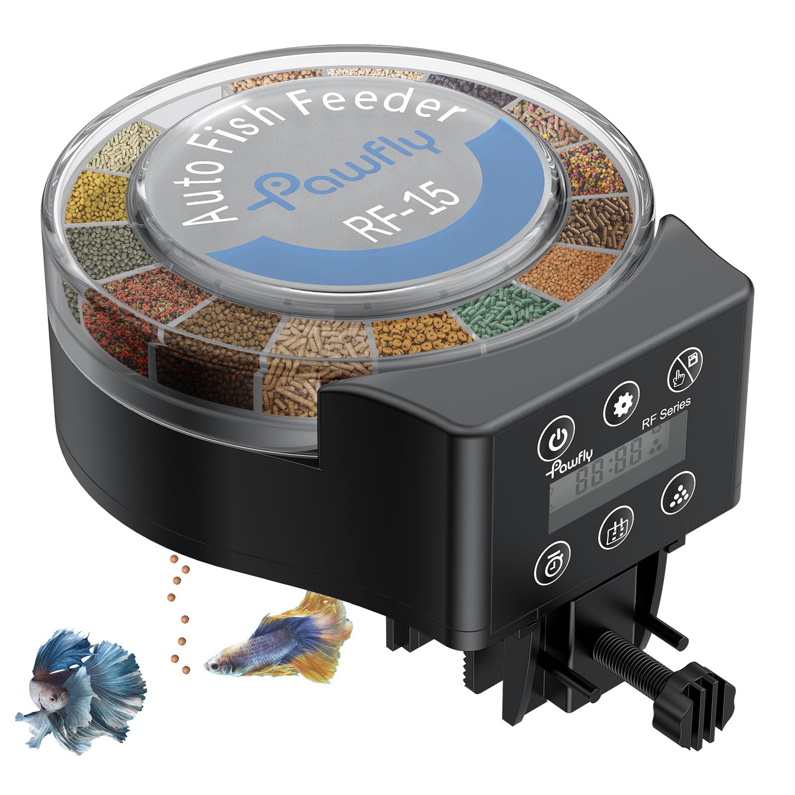 Pawfly Aquarium Automatic Fish Feeder mounted on tank wall for reliable daily feedings.