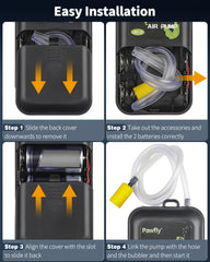 Pawfly battery-compartment view highlights battery-powered backup aeration for outages