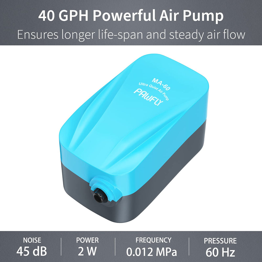 Pawfly Aquarium Compact Air Pump 40 GPH pump connected to airline tubing and check valve—package view