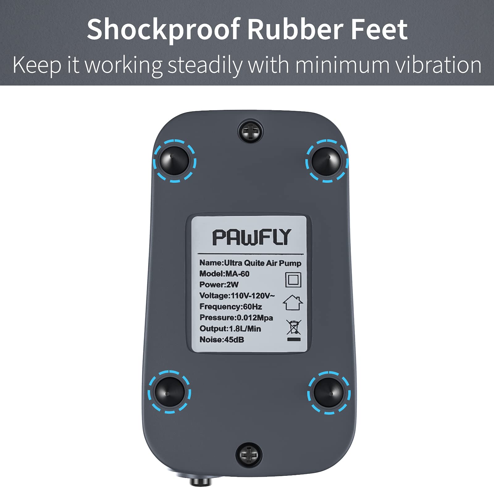 Pawfly Aquarium Compact Air Pump top view illustrates quiet operation under 45 dB