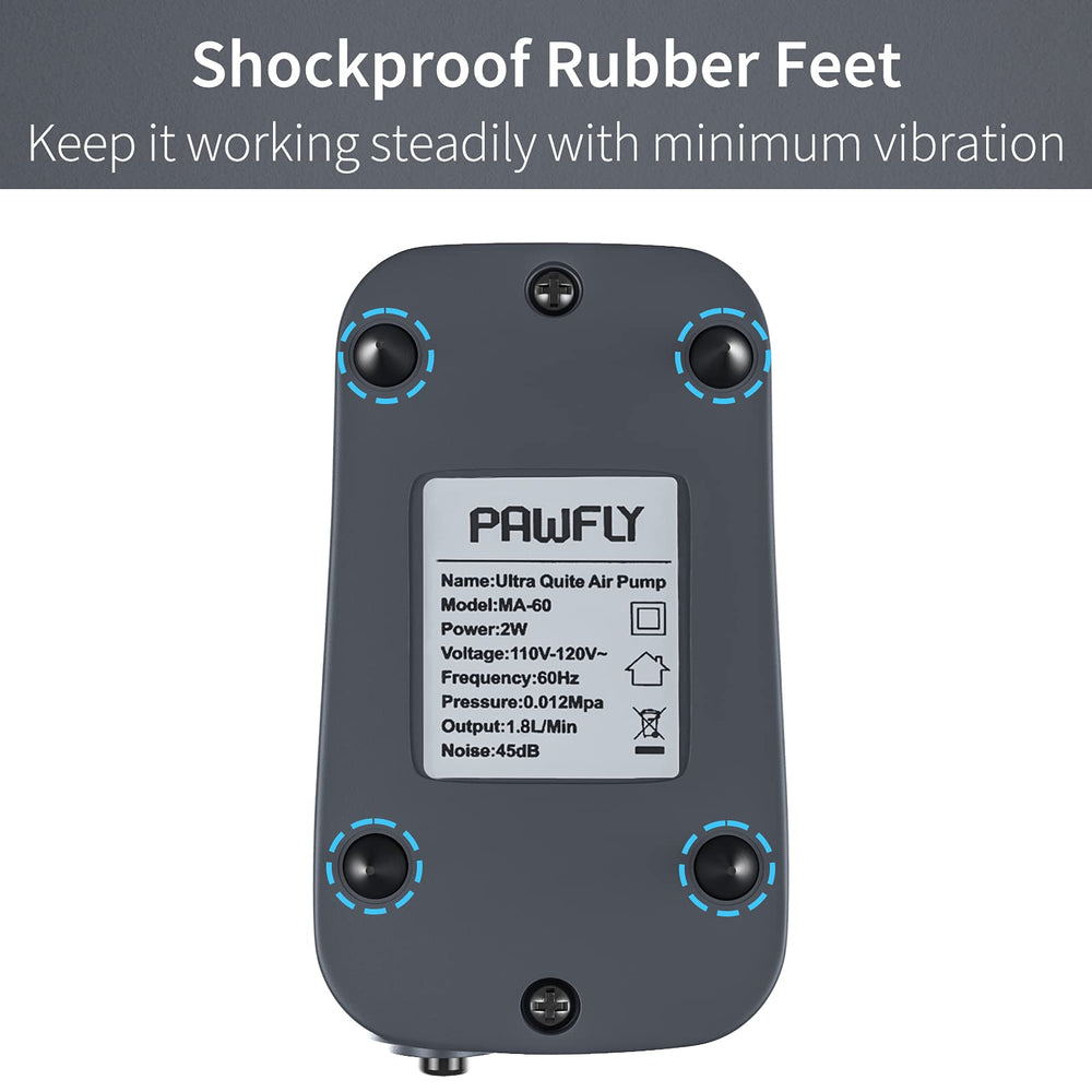Pawfly Aquarium Compact Air Pump top view illustrates quiet operation under 45 dB