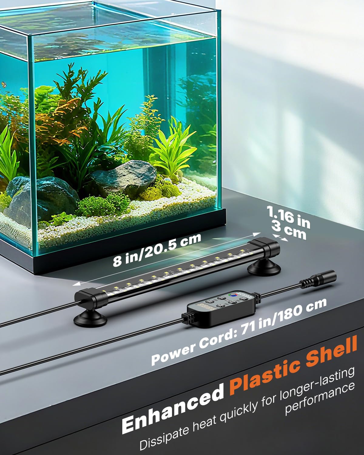 Pawfly aquarium light 8-inch size fits compact tanks 8–15 inches with adjustable brightness.