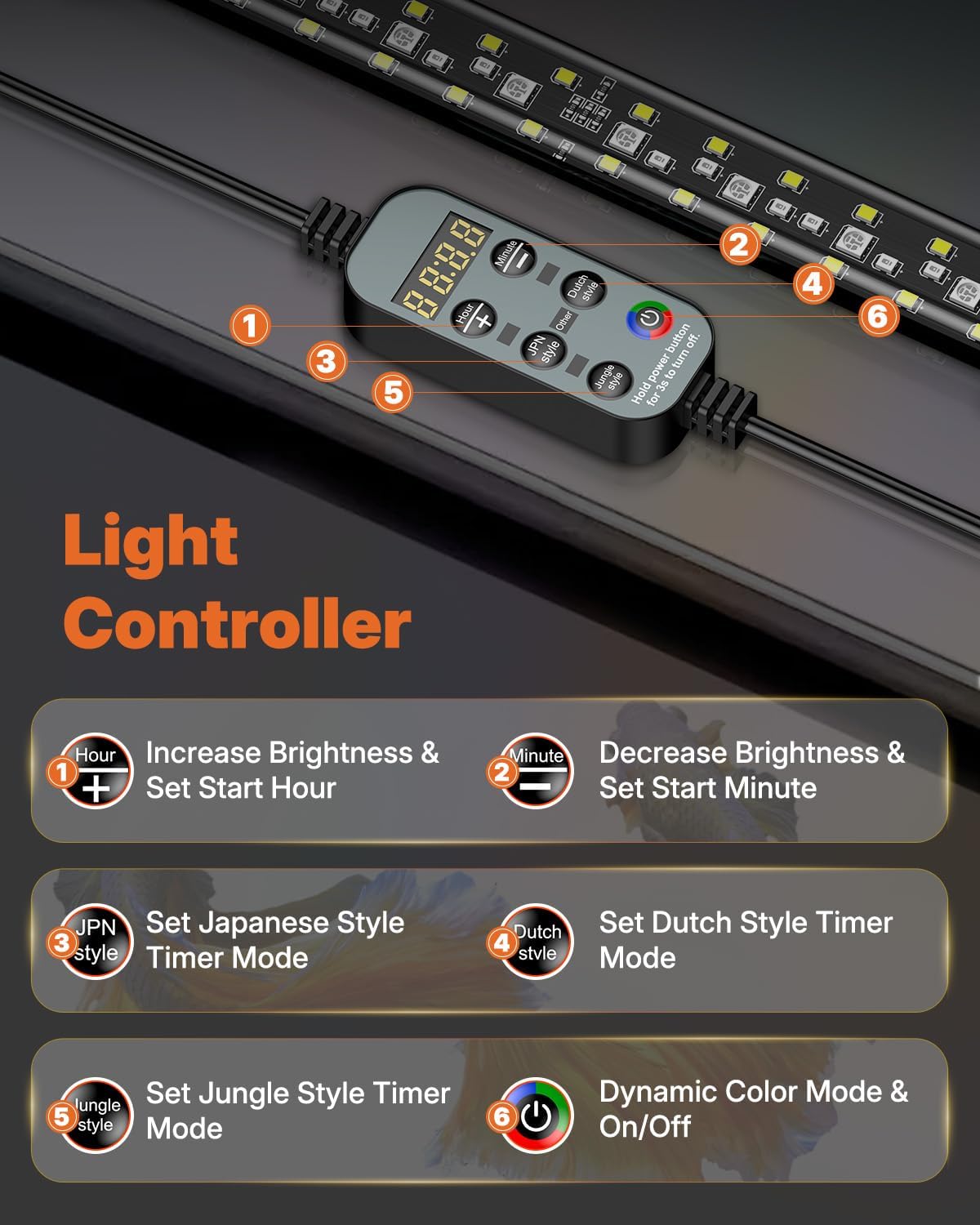 Pawfly aquarium light with day-night timers creates natural light cycles for tank life.
