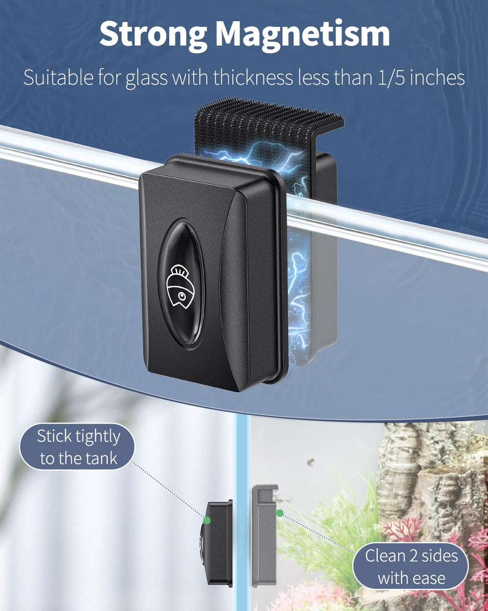 Pawfly Aquarium Magnetic Brush inside-cleaning view highlights inner coarse pad scrubbing tough stains.