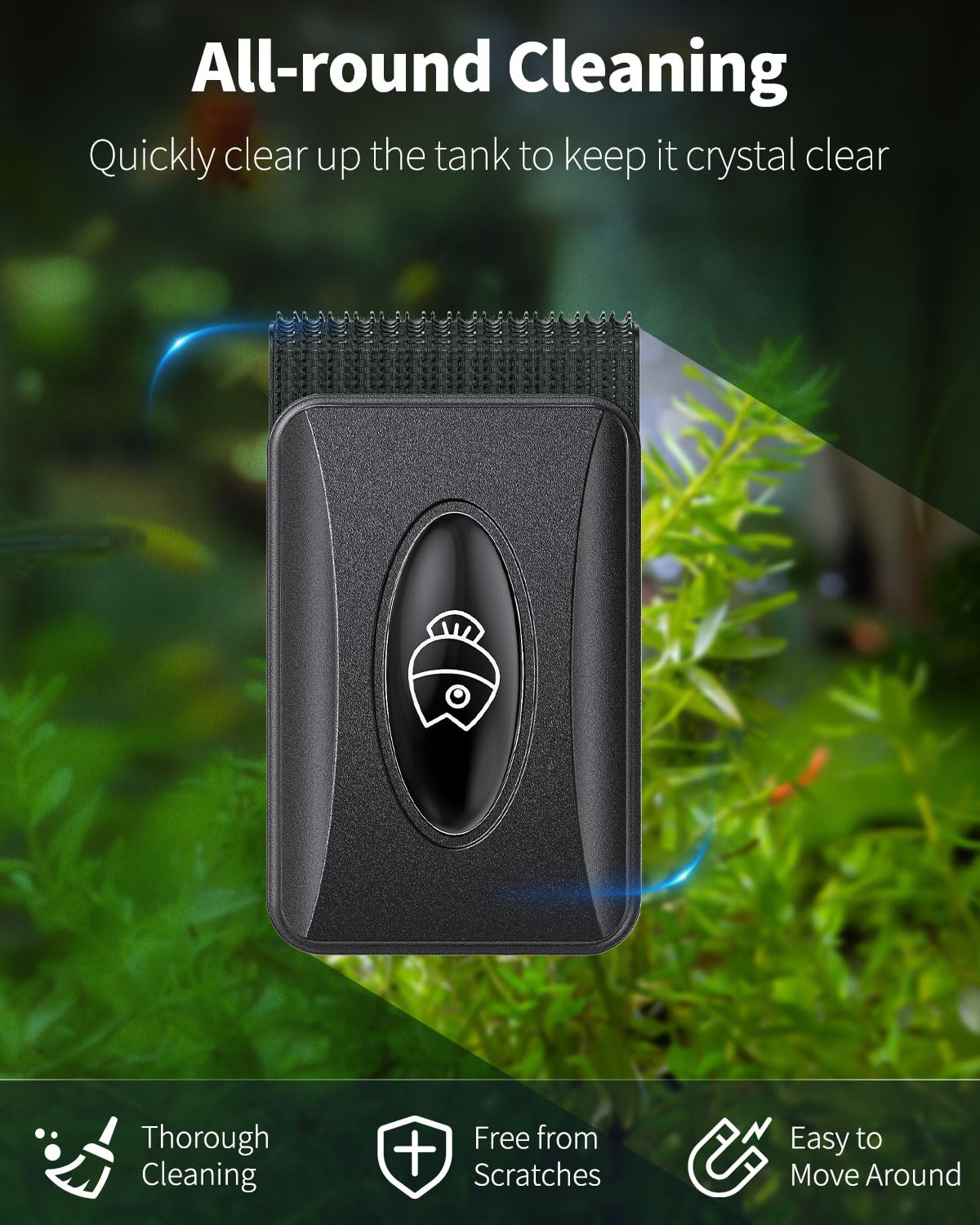 Pawfly Aquarium Magnetic Brush outside-wipe demonstrates the soft pad removing dust for a crystal-clear rim.