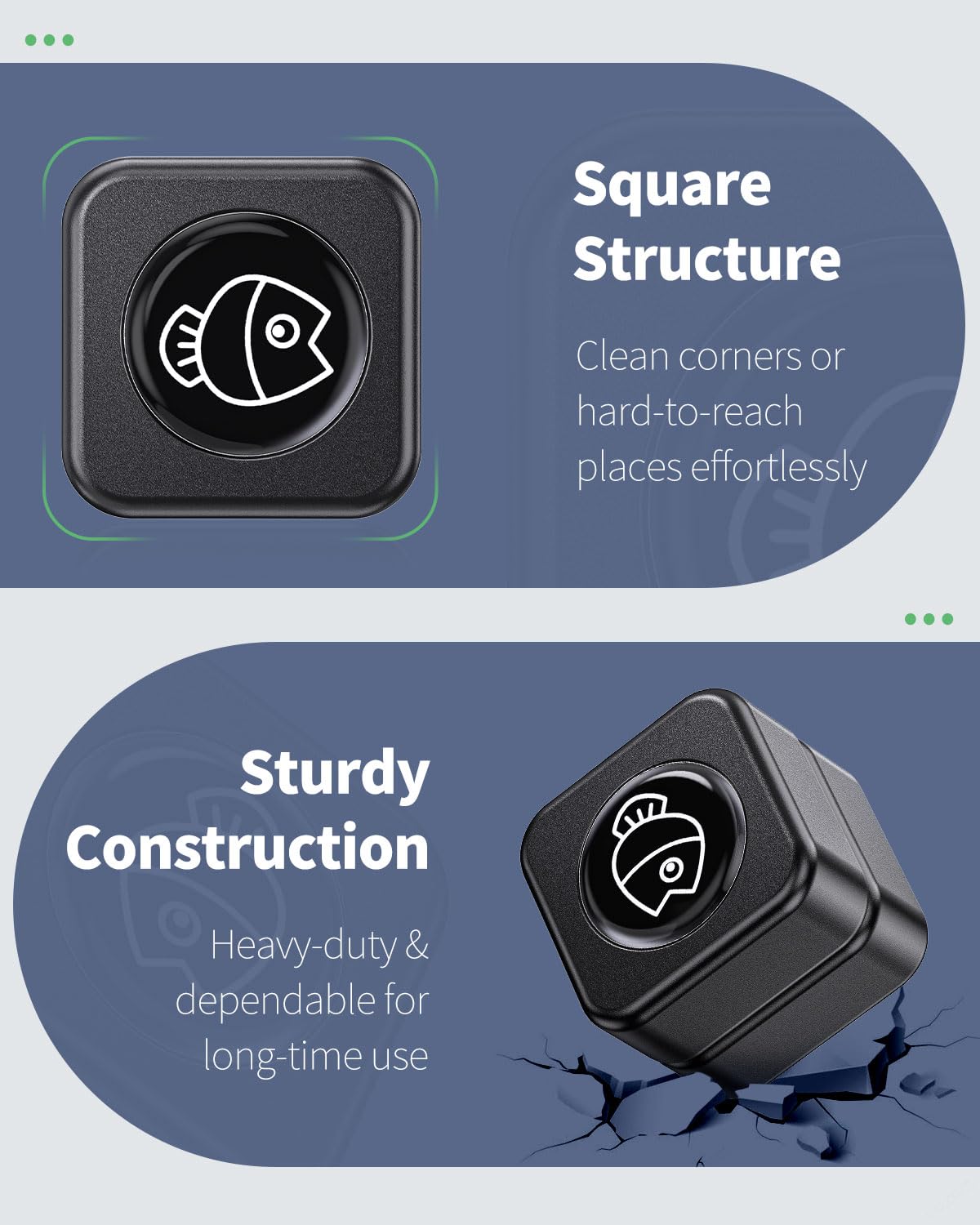 Pawfly square-structured cleaner reaching tight corners on glass tanks.