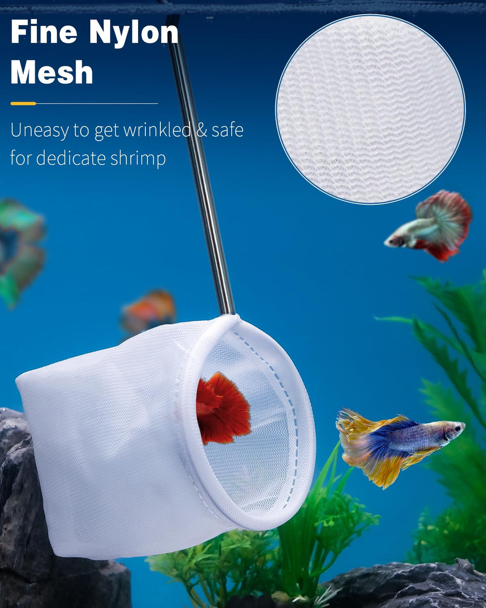 Pawfly aquarium net with extendable-handle shows extended reach for deep tanks