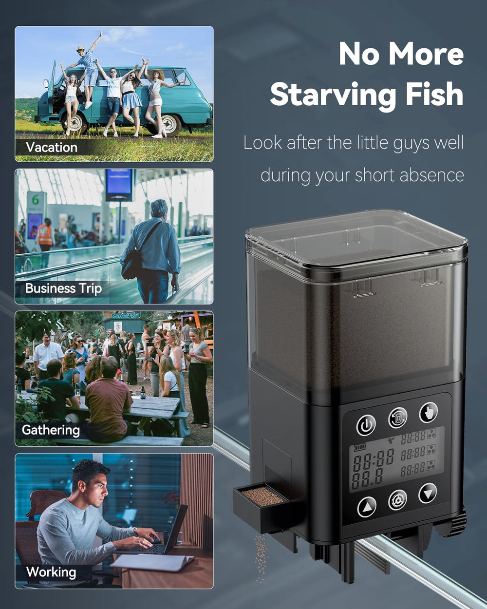 Pawfly 320-ml capacity keeps fish fed during short trips