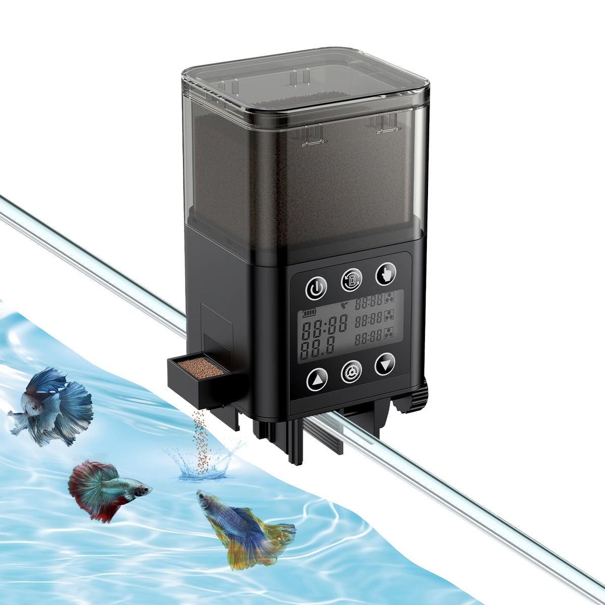Pawfly automatic fish feeder front view showing compact design for consistent daily feeding