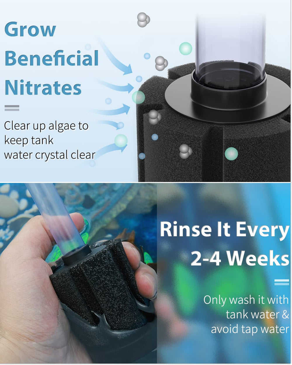 Pawfly bio sponge filter traps debris for clearer water and improved oxygen exchange.