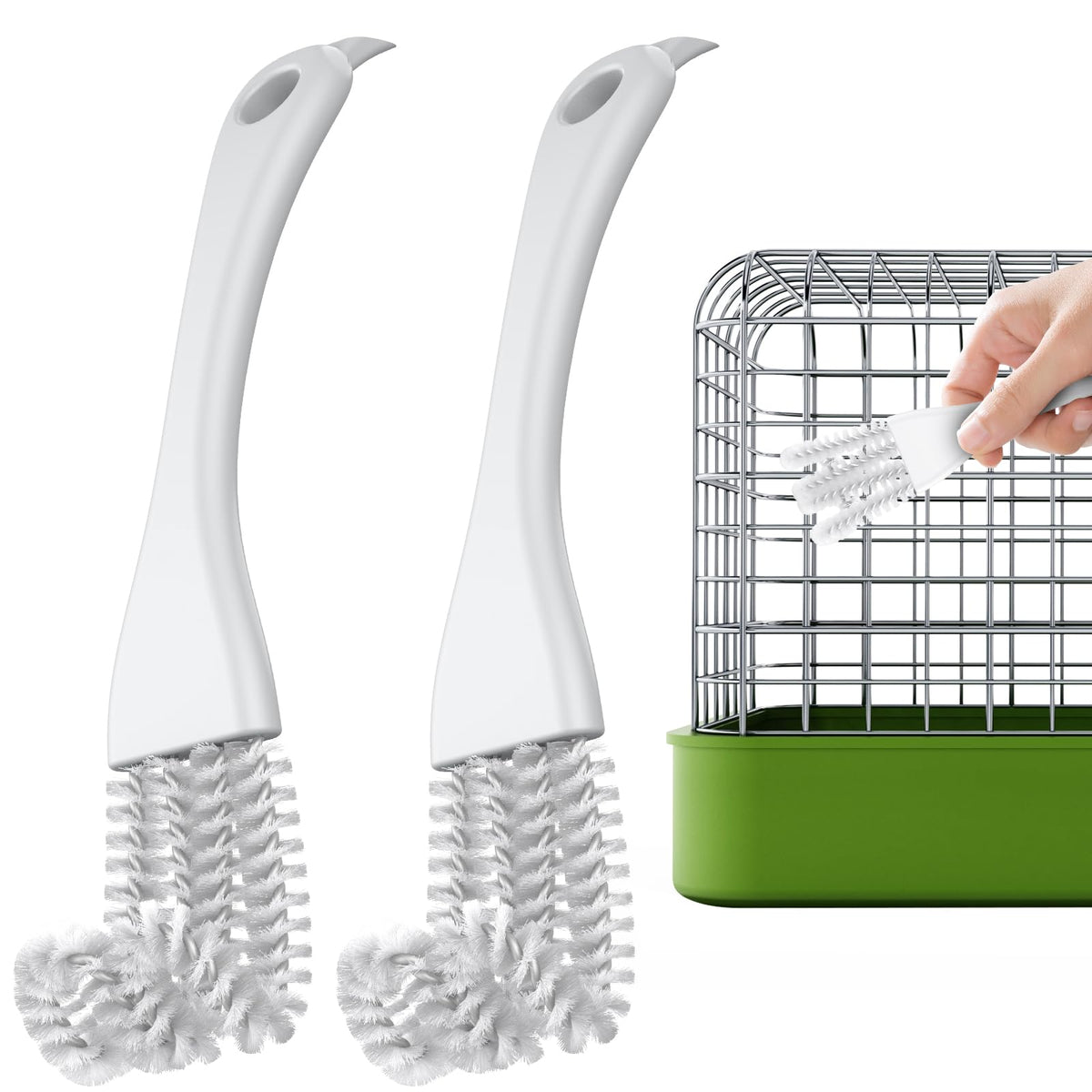 Pawfly 2-in-1 curved-head bird cage cleaner brush for easy reach into cage bars.