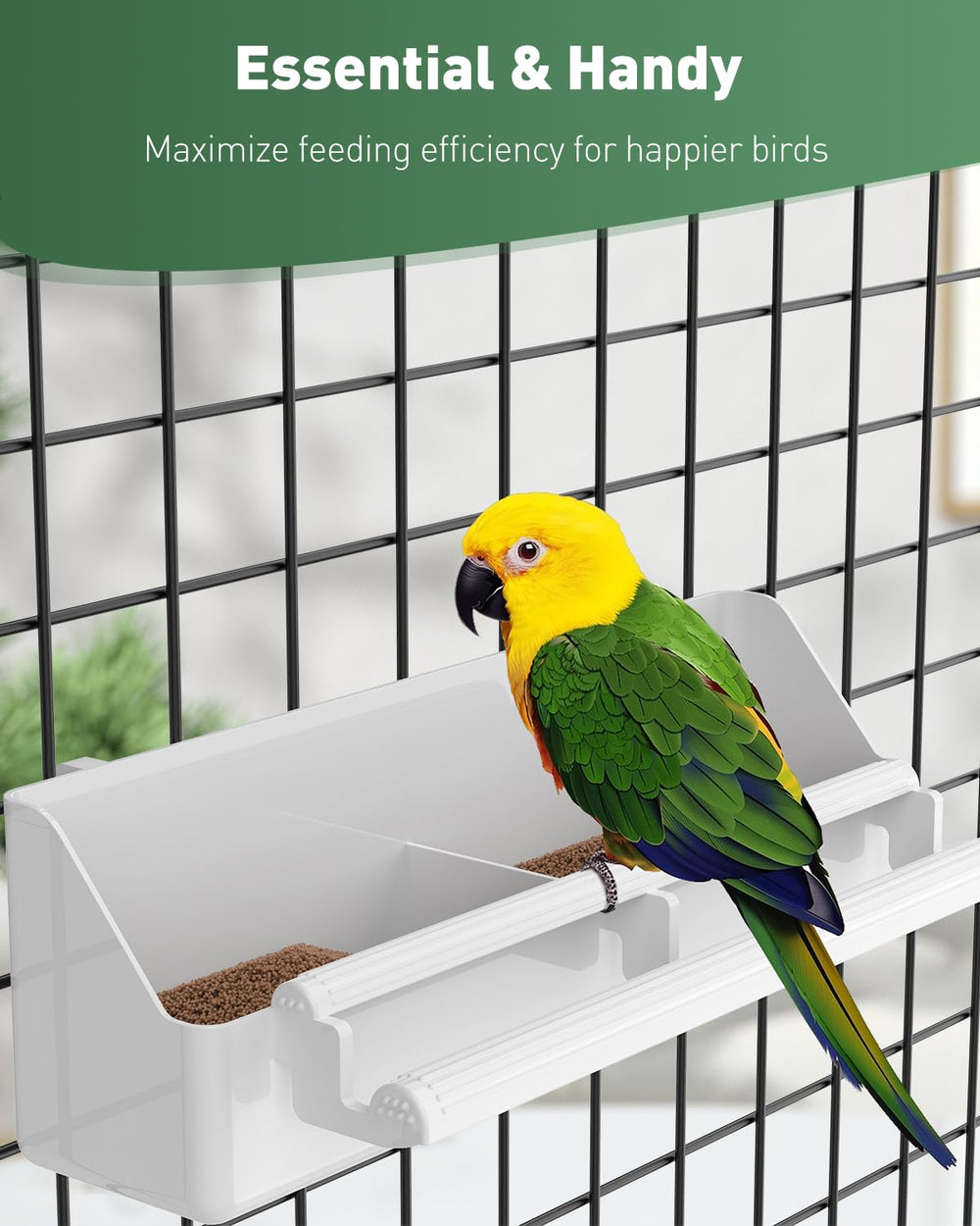 Pawfly feeder hanging on cage bars for quick installation.