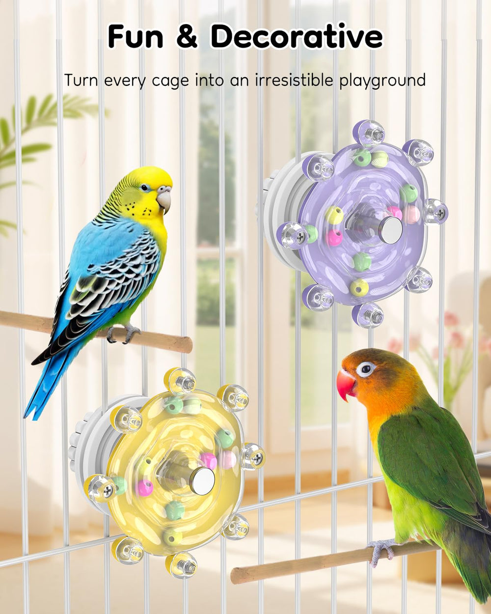 Pawfly toys add color and charm to a bird cage.