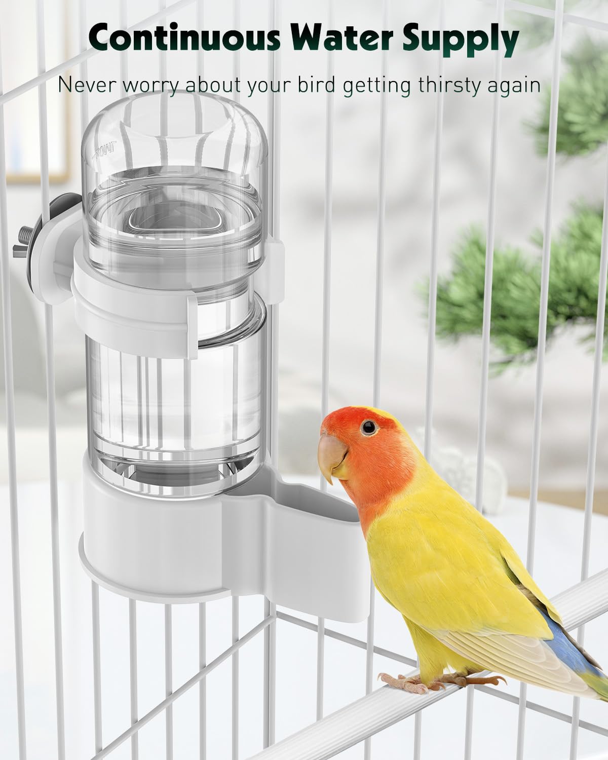Pawfly-bird-water-dispenser-cage-application demonstrates versatile placement across cage layouts.