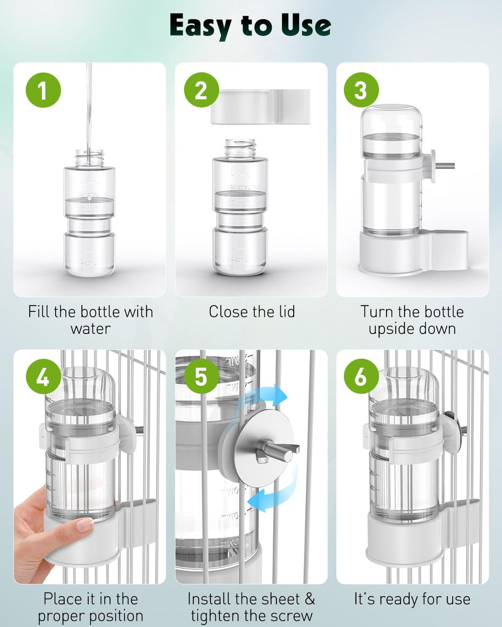 Pawfly water-dispenser clip-mount shows secure cage attachment with flexible placement.