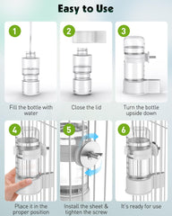 Pawfly water-dispenser clip-mount shows secure cage attachment with flexible placement.