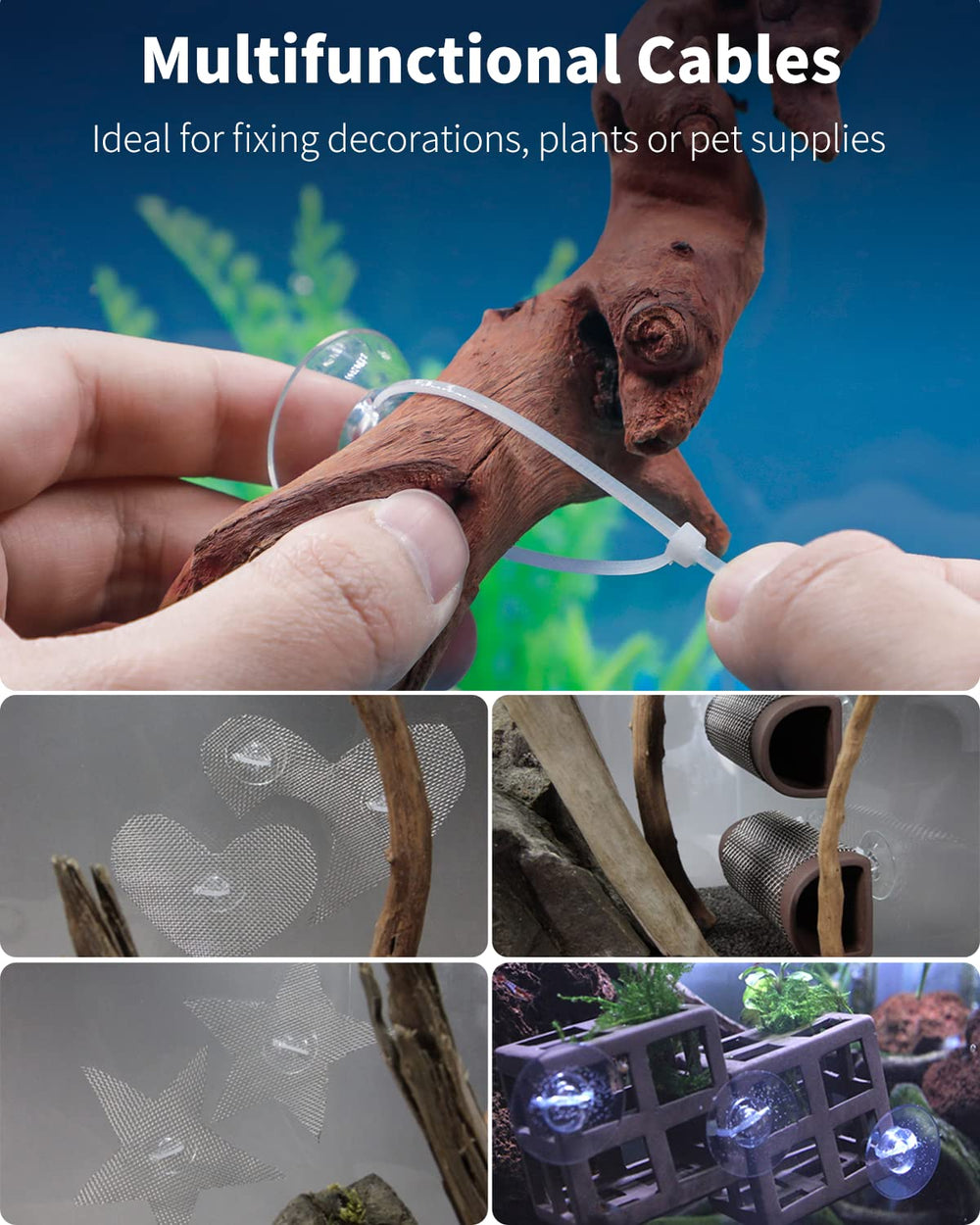 Pawfly decor attachments keep moss and plants positioned in aquascapes.