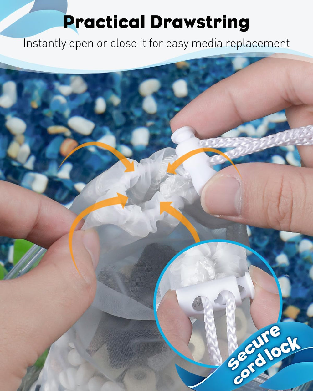 Pawfly drawstring closure closeup demonstrates secure seal during media changes.
