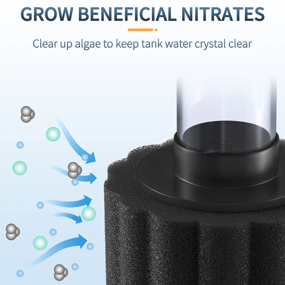 Pawfly foam filter close-up highlighting silent aeration and gentle water movement.