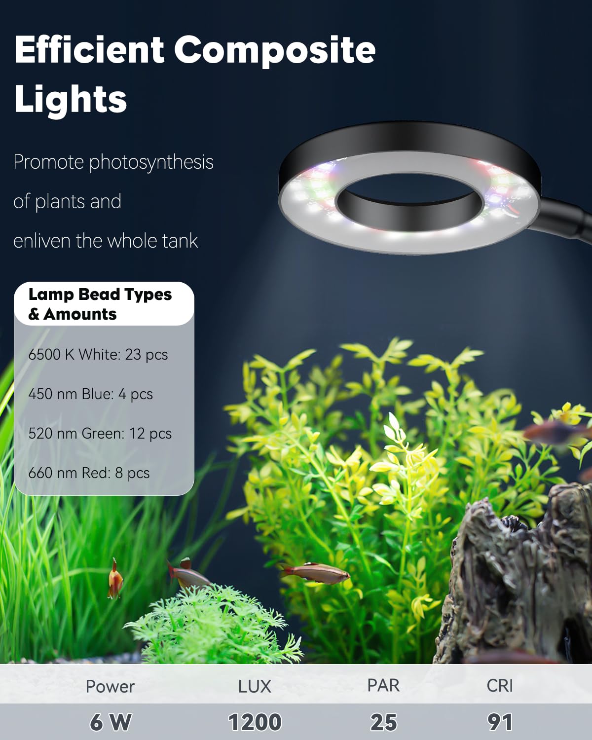 Pawfly full-spectrum aquarium light showing white, blue, green, and red LEDs for vibrant tank colors.