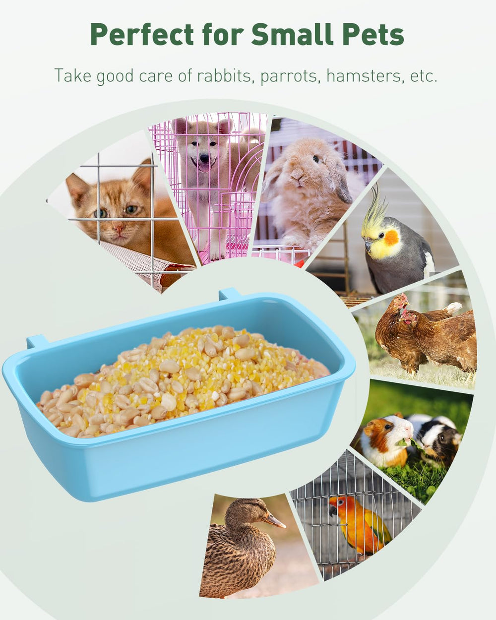 Pawfly hanging feeder on cage bars shows tool-free mounting.