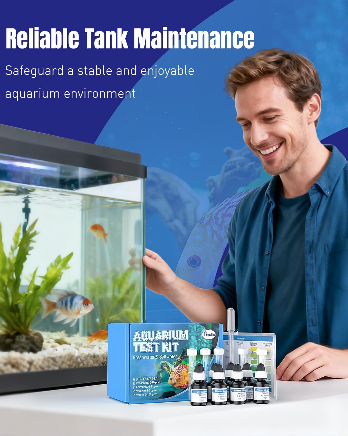 Pawfly visual promoting healthy aquarium water for fish and plants.