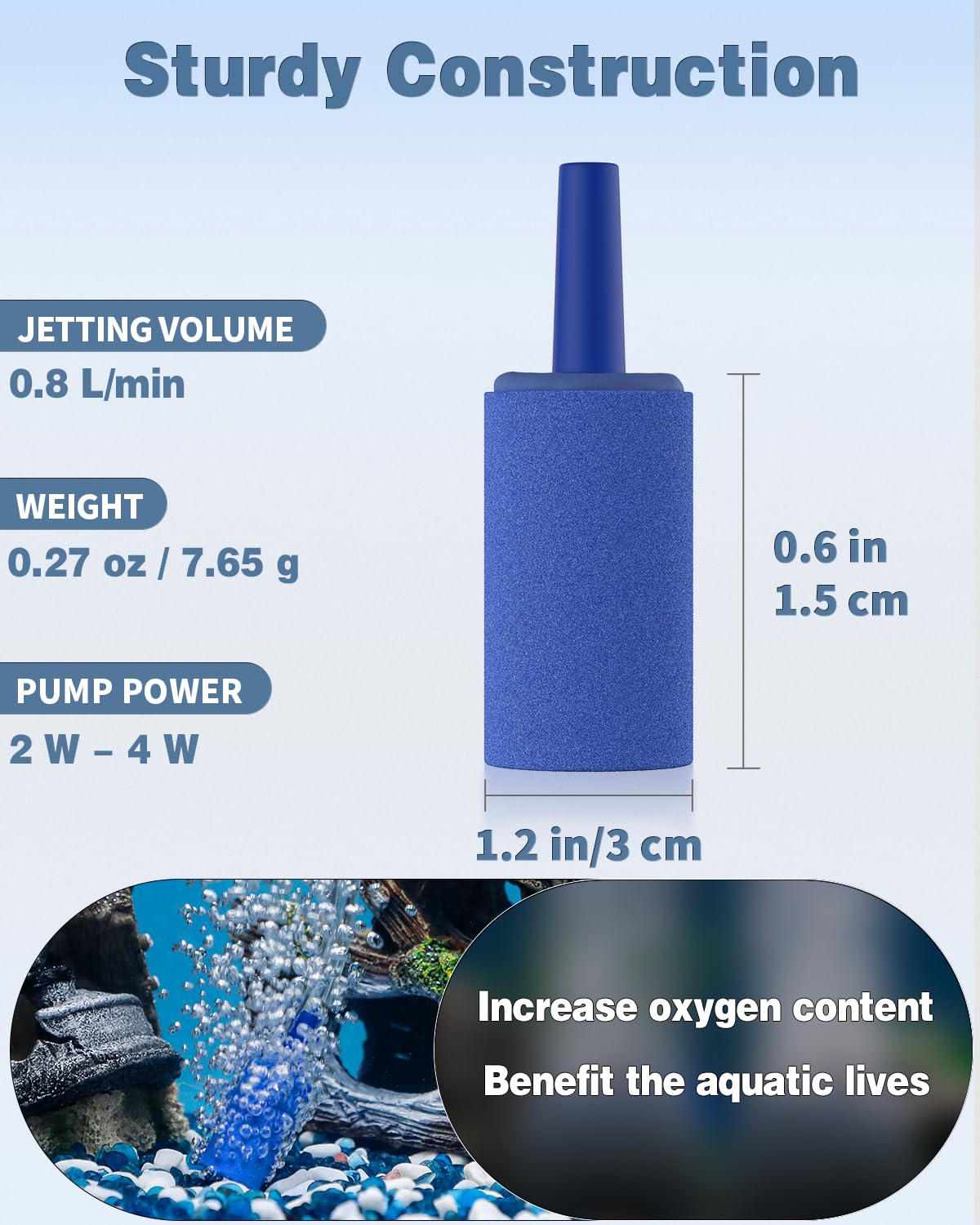 Pawfly air stone 1inch cylinder jetting-volume illustration—consistent bubble output