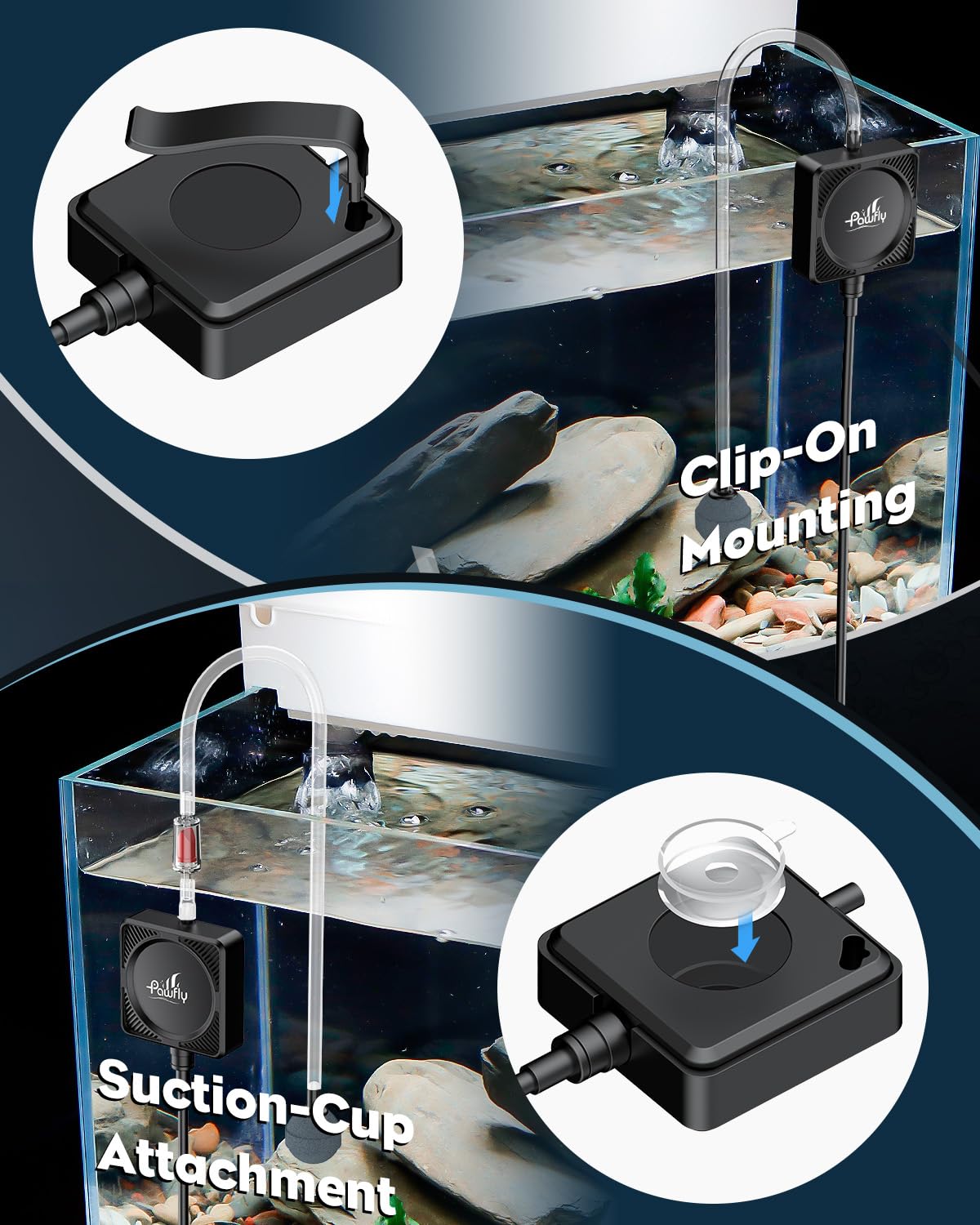 Pawfly Nano Silent Aquarium Air Pump clips enable flexible, tool-free mounting on various tanks.