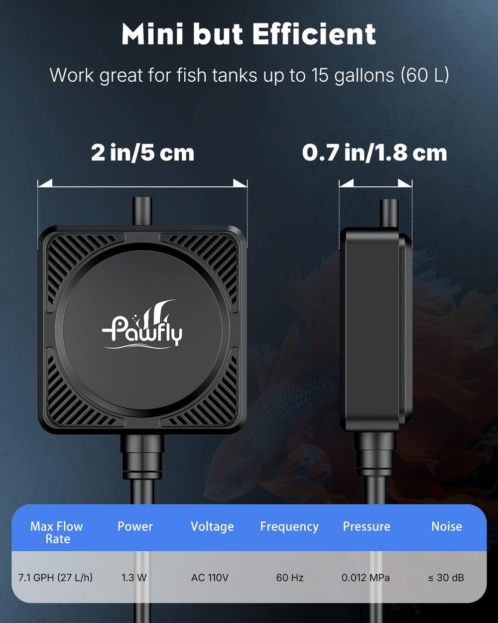 Pawfly Nano Silent Aquarium Air Pump operates at 30 dB for near-silent nights.