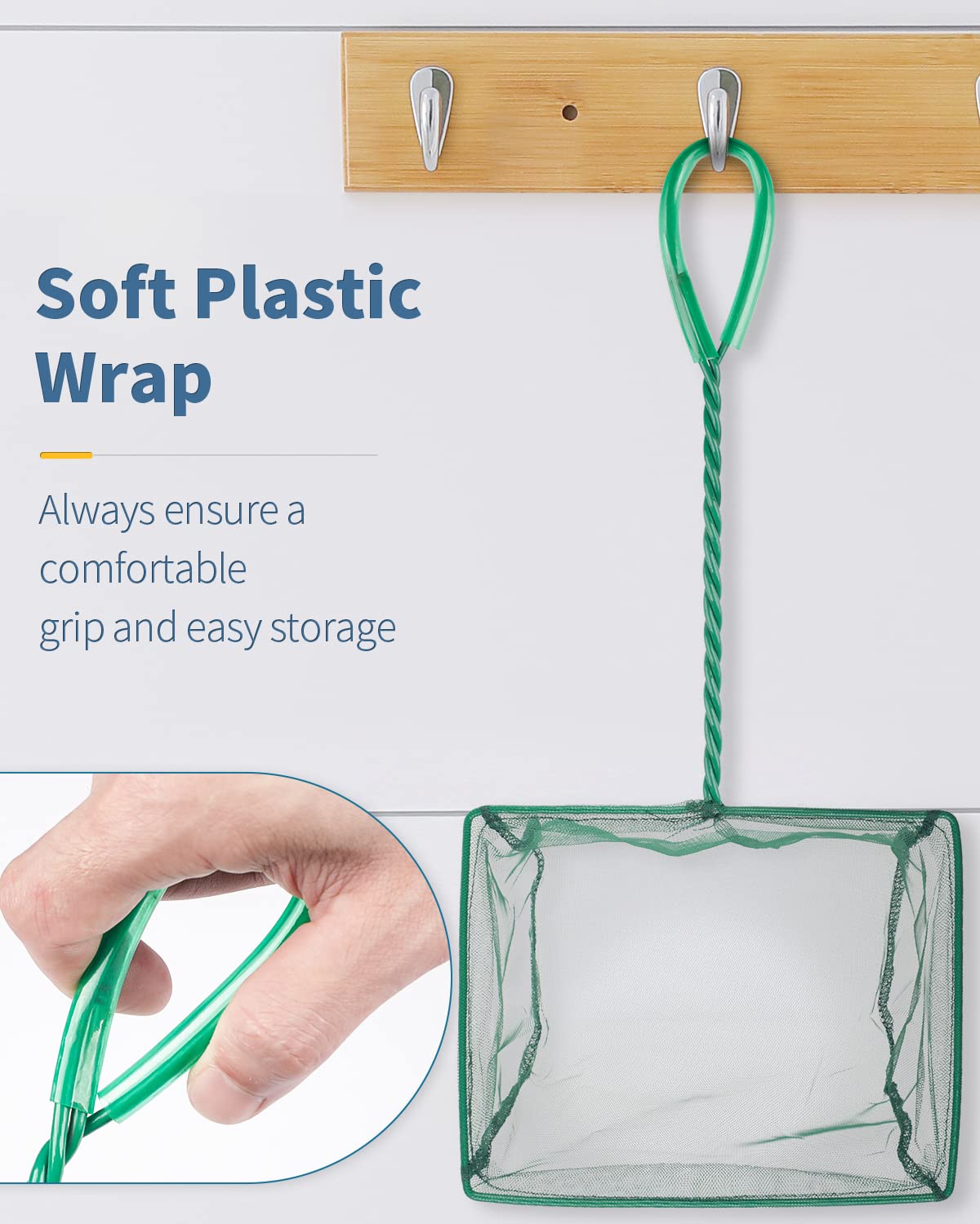 Pawfly net extended handle reaches deep corners without wetting.