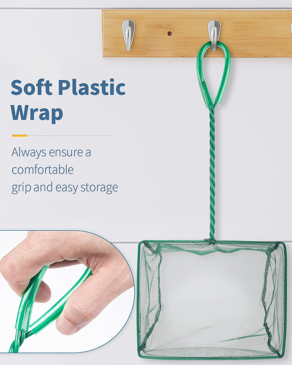 Pawfly net extended handle reaches deep corners without wetting.