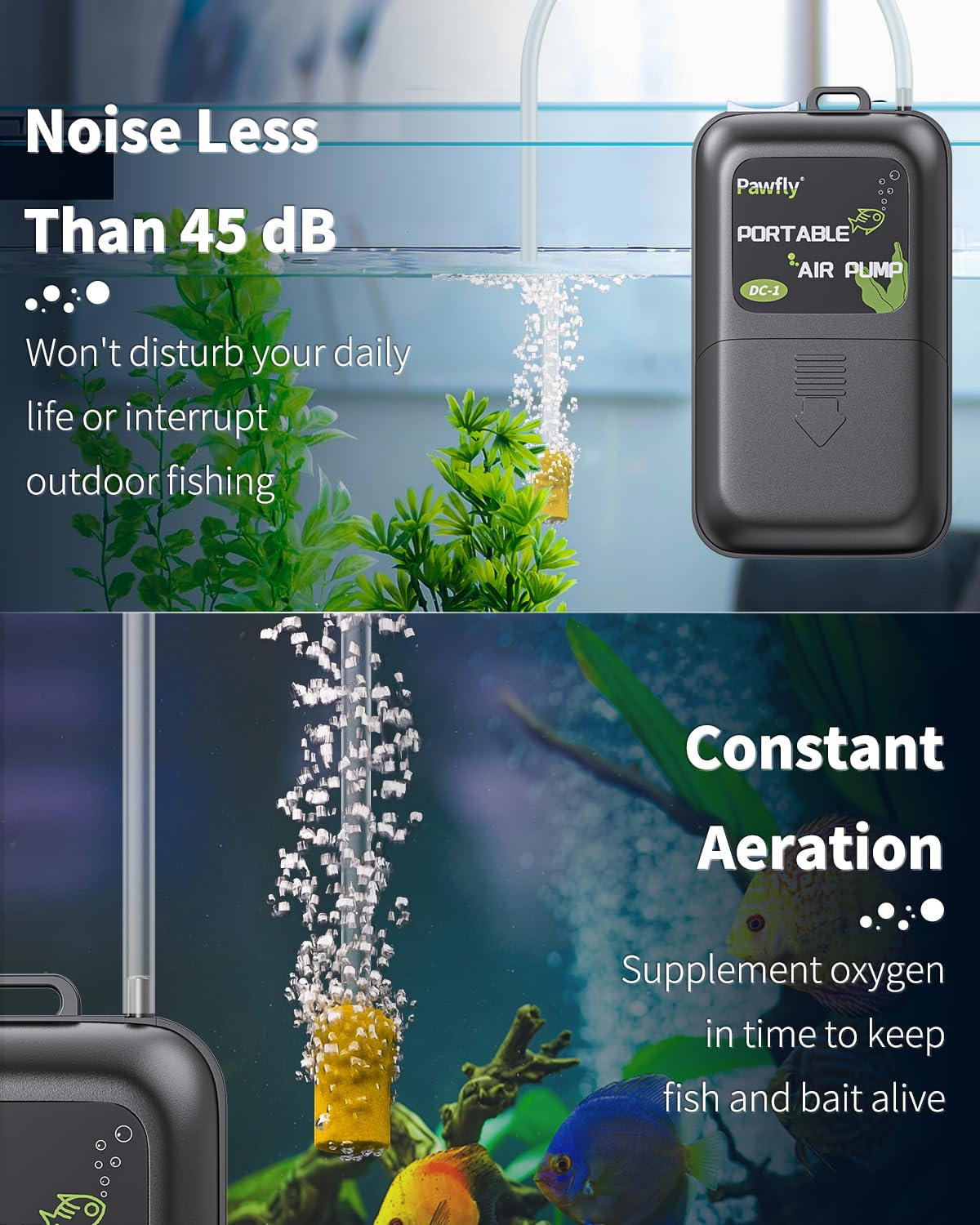 Pawfly portable aquarium air pump ideal for outdoor fishing and transport